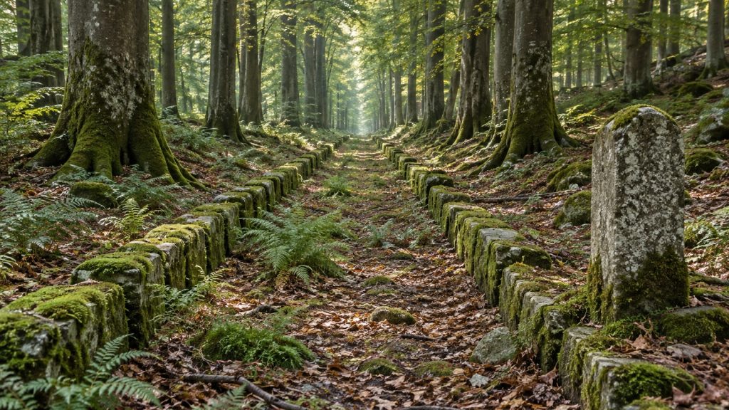 Allée forestière bordée de deux lignes de pierres moussues alignées entre de grands troncs, avec une borne de pierre usée debout sur le côté
