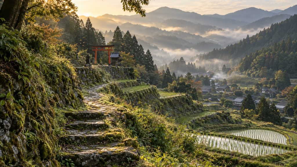 Sentier de pierre montant entre rizières en terrasses et forêts, petit portique torii rouge, vallée brumeuse et montagnes basses au loin