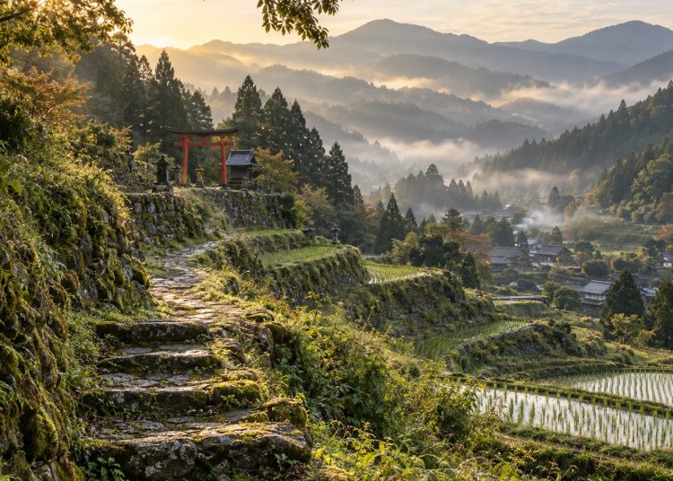 Sentier de pierre montant entre rizières en terrasses et forêts, petit portique torii rouge, vallée brumeuse et montagnes basses au loin