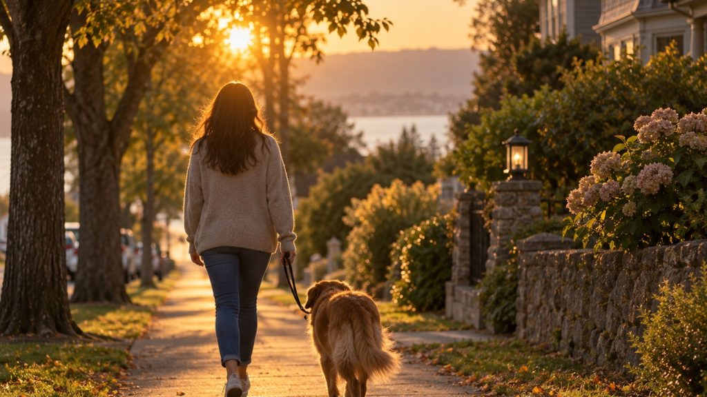 Personne marchant de dos sur un chemin arboré au coucher du soleil, promenant un chien, lumière dorée