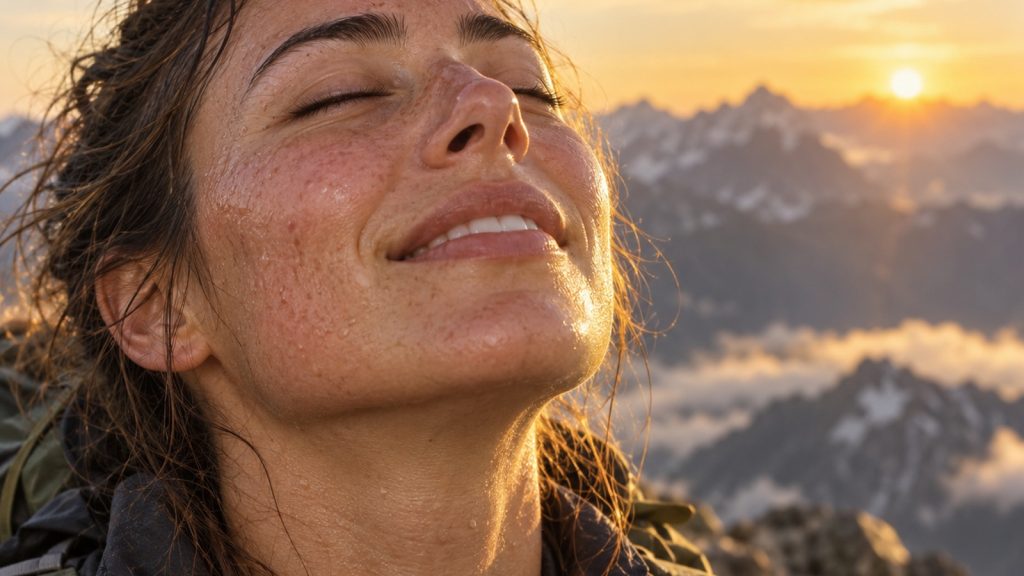 Visage d’une randonneuse au sommet, yeux fermés, dans la lumière dorée du lever de soleil sur les montagnes