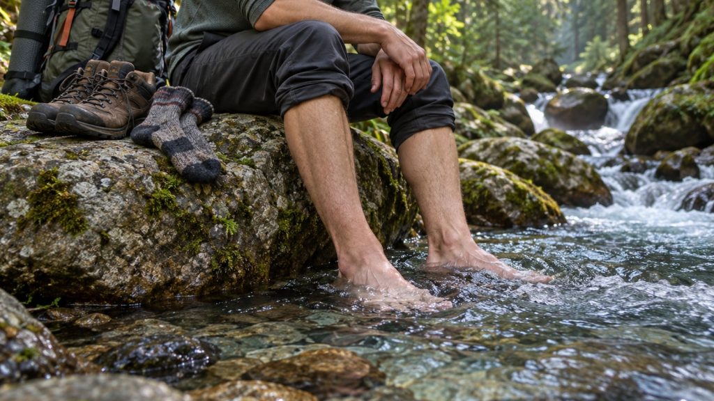 Randonneur assis sur un rocher au bord d’un torrent de montagne, pieds nus dans l’eau froide, chaussures posées à côté