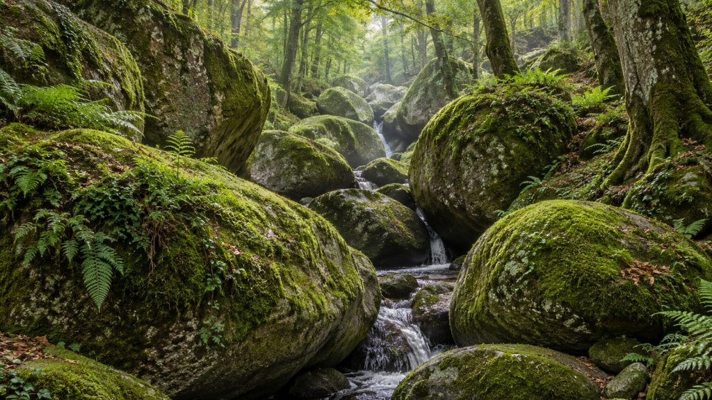 Blocs de granite arrondis couverts de mousse empilés dans un lit de ruisseau, fougères et troncs de hêtres autour