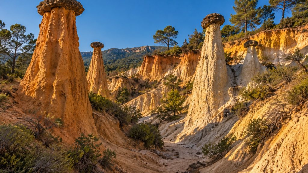 Cheminées de fées ocre coiffées d'un chapeau de roche sombre, dans un ravin de sable clair, pins sur la crête
