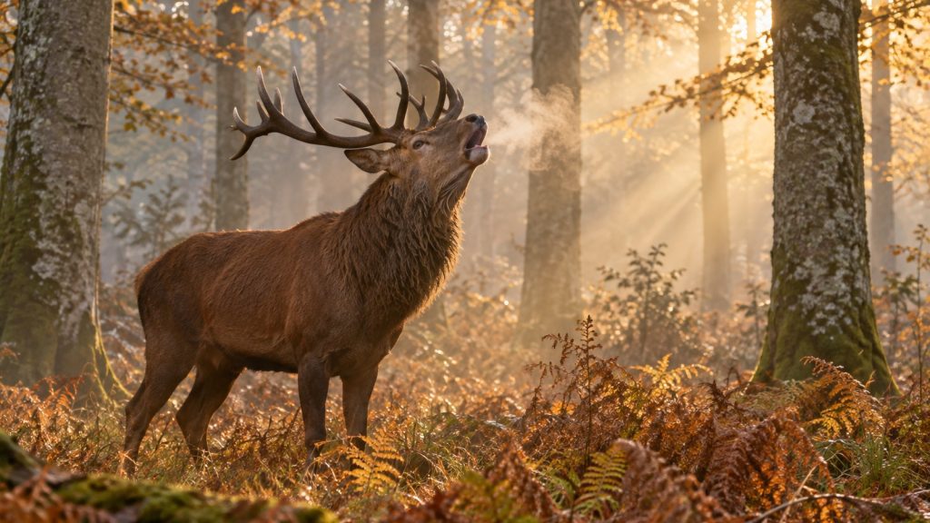 Grand cerf aux bois épais dans une clairière brumeuse à l'aube, tête levée et gueule ouverte en plein brame, lumière dorée entre les troncs