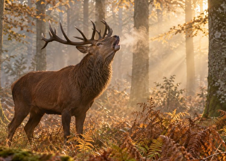 Grand cerf aux bois épais dans une clairière brumeuse à l'aube, tête levée et gueule ouverte en plein brame, lumière dorée entre les troncs
